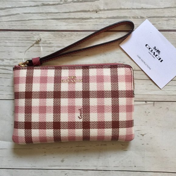 Coach Corner Zip Wristlet with Gingham Print - Picture 1 of 5